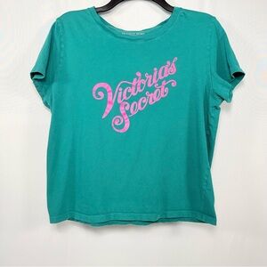 Victoria's Secret Teal Graphic Logo T-Shirt Cotton Size M Medium
